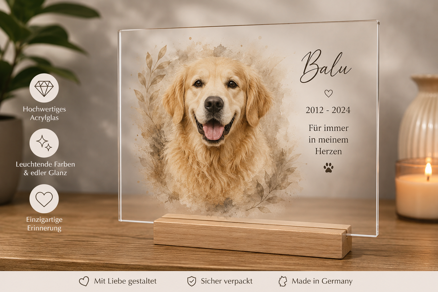 Personalisiertes Acrylglas Hunde Portrait mit Golden Retriever auf Holzsockel