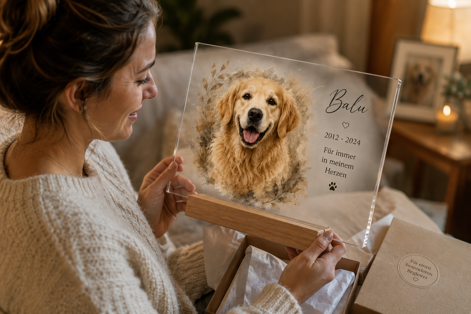 Kundin hält personalisiertes Acrylglas Hunde Portrait als Geschenkidee