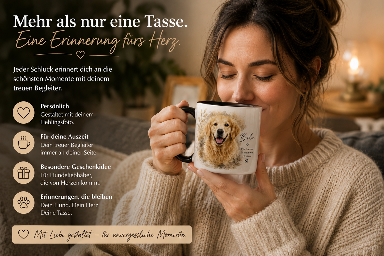 Personalisierte Hunde Tasse mit Foto Personalisierte Hunde Tasse im gemütlichen Wohnzimmer
